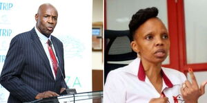 A photo collage of Education CS Ezekiel Machogu (left) and KUCCPS CEO Agnes Mercy Wahome.