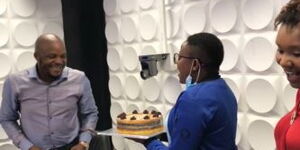 Felix Odiwuor alias Jalang'o receiving a birthday cake from Radio Africa colleagues  on Tuesday, April 27.