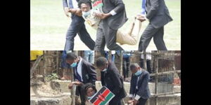A man being whisked away during the Madaraka Day celebrations (top) and H-Town kids re-enacting the scene.
