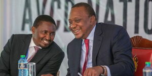 Former Agriculture CS Mwangi Kiunjuri (left) and President Uhuru Kenyatta during a past press briefing in 2020.