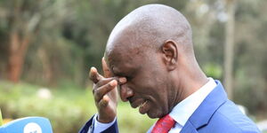 Knut Secretary-General Wilson Sossion sheds tears as he announces his resignation on June 25, 2021 at Windsor Hotel, Nairobi.