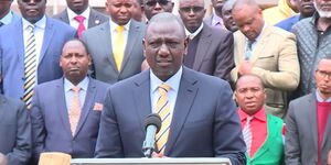 Deputy President William Ruto and his allies speak at his Karen residence in August 2021.