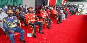 President Uhuru Kenyatta dressed in a red tunic during the 58th Jamhuri Day celebrations on December 12, 2021.