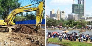An image of a bulldozer at Uhuru Park in Nairobi CBD (left) and scores of Kenyans strolling at the park