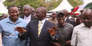 Bumula MP Mwambu Mabonga, Deputy President Dr William Ruto, Dr. Boni Khalwale and Mumias East MP Benjamin Washiali during funds drive for Bumula Constituency women groups at St. Jude Muanda R.C Primary School on May 19, 2019