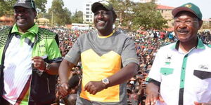 Amani National Congress (ANC) party leader Musalia Mudavadi, Deputy President William Ruto and FORD-Kenya party leader Moses Wetangula attended a function in Nakuru county in January 2022.