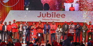 President Uhuru Kenyatta poses for a photo alongside Jubilee officials during the party's National Delegates Convention (NDC) held on Saturday, February 26. 