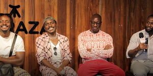 From left to right: Sauti Sol's Savara Mudigi, Willis Austin Chimano, Bien-Aimé Baraza and investigative journalist John Allan Namu speaking to the press at Baraza Media Lab, Nairobi on Thursday, March 17.