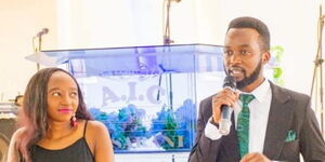 United Democratic Alliance (UDA) aspirant, Mike Sagana (right) addresses congregants at AIC church in Kasarani alongside Deputy President William Ruto's second-born daughter, Charlene Ruto. 