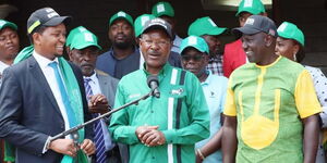 From left to right: Farmers Party of Kenya chair Irungu Nyakera, FORD-Kenya party leader Moses Wetangula and Kenya Kwanza presidential candidate William Ruto.