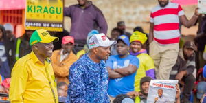 Kenya Kwanza coalition running mate, Rigathi Gachagua, (left) and Gatundu South MP Moses Kuria address Limuru residents on Wednesday, June 15, 2022. 