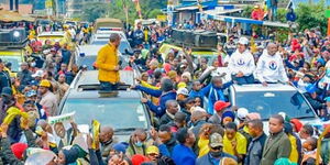 Kiambu Senator, Kimani Wamatangi, and CCK party leader Moses Kuria address the county residents on July 9, 2022.
