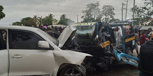 Toyota Land Cruiser V8 rams into a matatu on Sunday morning, July 10, 2022, at Kombani, Mombasa- Ukunda highway. 