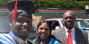Kenya Kwanza's running mate, Rigathi Gachagua, (right) poses for a photo alongside his wife Dorcas Wanjiku and son, Keith Ikinu Rigathi, at UoN in December 2019. 