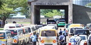 Matatus lined up for inspection at a yard in Kisumu County.