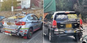 A collage photo of two cars with modified features.