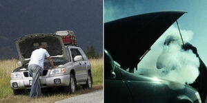 Photo collage of a stalled car moved on the roadside and smoke emanating from the bonnet