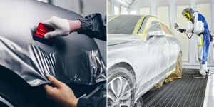 A photo collage of a mechanic installing a car wrapper (left) and a car being painted (right).