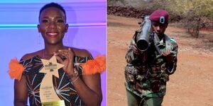 Chief Inspector (C.I) Caroline Wanjiru Njuguna holding an award (Left) and her during a past training (Left).