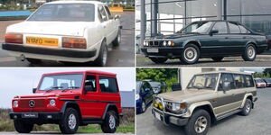 From top left: A photo of the Nyayo Pioneer I, a 1990 BMW 5 car, a 1990 Mercedes Benz G Class and a 1990 Mitsubishi Pajero.