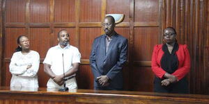 Former Youth Fund CEO Catherine Namuye, Former Youth Fund Chair Bruce Odhiambo, Quorandum Company Limited MDs Mukuria Ngamau and Doreen Waithera at the Milimani Law Court  on August 26, 2016