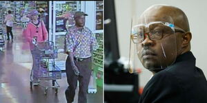 A collage image of CCTV footage submitted before a US court on October 4 (left) and Billy Chemirmir in court (right).