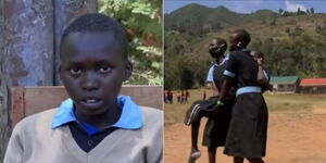 A collage image of Mercy Chepchumba during an interview (Left) and being carried to the exam room (Right).