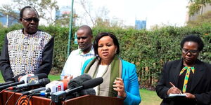 Former IEBC vice chairperson Juliana Cherera addressing the press flanked by ex-commissioner Justus Nyang’aya and commissioners  Irene Masit and Francis Wanderi.