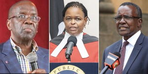 Former chief justice Willy Mutunga (L), David Maraga (R) and their successor Martha Koome (M)