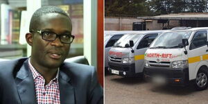 A photo collage of CA Director General Ezra Chiloba (left) and a fleet of North Rift Luxury Shuttle vehicles (right).