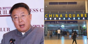 China's Director-General of the Department of African Affairs of the Foreign Ministry Wu Peng speaking at an event in 2022 (left) and the entrance of China Square at Unicity (left)