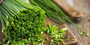 Chives herb on a chopping board after being harvested.