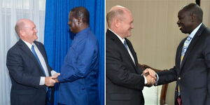 A photo collage of Delaware Senator Christopher Coons meeting Azimio leader Raila Odinga (left) and DP Rigathi Gachagua (right).