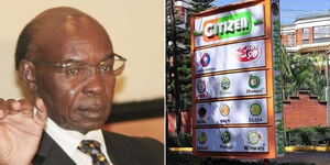 Citizen TV founder SK Macharia and a signpost showing Royal Media Services stations