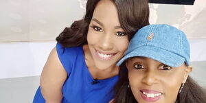 Citizen TV's Victoria Rubadiri (Left) and Monica Kiragu strike a pose in studio on December 2, 2019.