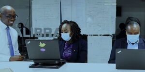 (L-R) Co-op Bank’s Head of Digital Experience & Innovation Russel Akuom, Amina Saidi of Co-operatives Banking and Agri-Value Chain Manager Vera Nyaboke prepare for the virtual demo event where winners of the on-going Akili Kali Innovation Challenge will be selected. 