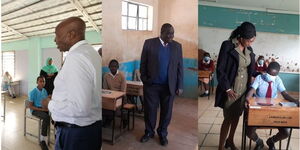 A Collage of Education CS Ezekiel Machogu, Education PS Julius Jwan and TSC CEO Nancy Macharia supervising the start of the KCPE and KPSEA across the country on Monday, November 28, 2022.