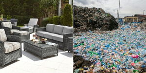 A collage of outdoor furniture and plastics at a dumpsite