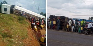 A Collage of the Overturned Tanker and locals at Lwandete market