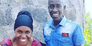 Comedians Zeddy (Left) and Njoro share a light moment at his Nakuru home on July 20, 2020.