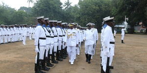 Commander Kenya Navy Major General Levi Franklin Mghalu  inspects a Division at Kenya Navy Mtongwe Base, on Tuesday July 21, 2018. 