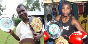 Photo collage of former boxer Conjestina Achieng holding her belts