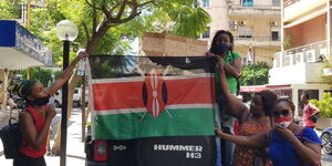 Kenyans pictured outside the country's Honorary Consulate in Beirut, Lebanon