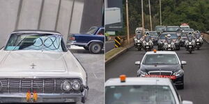 Photo collage between Licoln Continental and former President Uhuru Kenyatta's motorcade