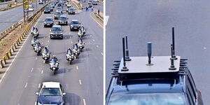 Photo collage between President William Ruto's convoy and a convoy jammer