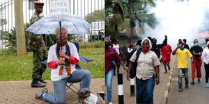 A police officer walks behind a protestor outside the US Embassy in Nairobi on June 2, 2020. Right Protestors running away from teargas in Nairobi on June 9, 2020.