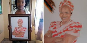 A collage photo of pencil artist Ruth Muge and a portrait gifted to Uasin Gishu senator Prof Margaret Kamar