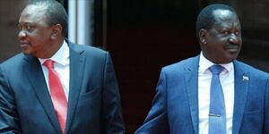 President Uhuru Kenyatta and ODM leader Raila Odinga shake hands at Harambee House after resolving to work together on March 9, 2018.