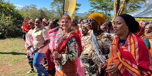Crown Princess Victoria of Sweden, Victoria Ingrid, (middle) and women from pastoralist areas at the Northern Rangeland Trust on Friday 25, 2022.