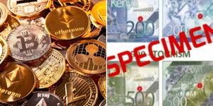 Photo collage of various cryptocurrencies and specimen of Kenya's bank notes